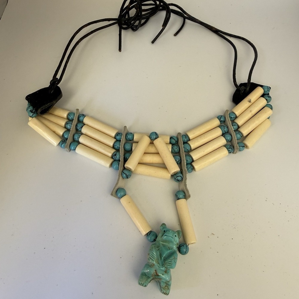 Native American Turquoise Animal Bear Bird Fetish Necklace, Copper Clasp